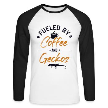 Angetrieben von Kaffee und Geckos Gekkota Crested - Unisex Baseballshirt langarm - Weiß/Schwarz - Vorne - Nik (191cm)