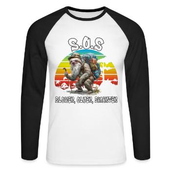 S.O.S Plus lent, plus âgé, plus intelligent. Randonnée, Paresse, - T-shirt baseball manches longues Homme - blanc/noir - Devant - Nik (191cm)