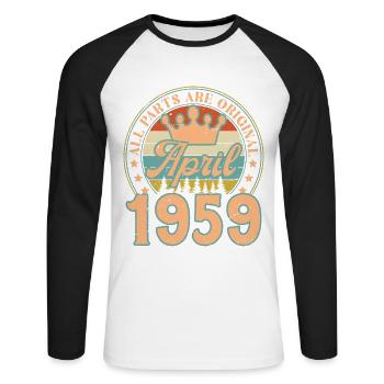 April 1959. April 1959 Geburtstagsgeschenk April - Unisex Baseballshirt langarm - Weiß/Schwarz - Vorne - Nik (191cm)