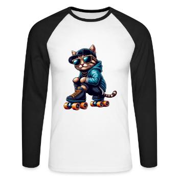 Chat sur patins à roulettes pour les amoureux des chats - T-shirt baseball manches longues Homme - blanc/noir - Devant - Nik (191cm)