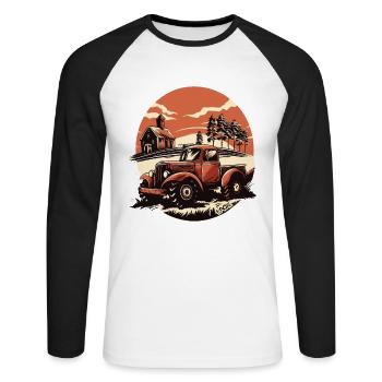 Ländliches Idyll: Scheune und Traktor, Bauern - Unisex Baseballshirt langarm - Weiß/Schwarz - Vorne - Nik (191cm)