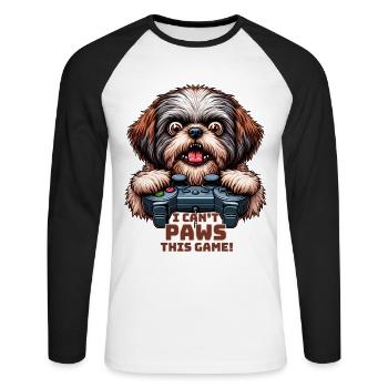 Hundegamer, Hundespiel-Freak Shih Tzu - Unisex Baseballshirt langarm - Weiß/Schwarz - Vorne - Nik (191cm)