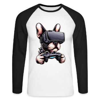 Hunde, Französische Bulldogge Videospiel VR-Brille - Unisex Baseballshirt langarm - Weiß/Schwarz - Vorne - Nik (191cm)