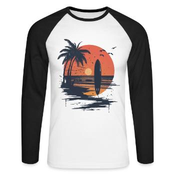 Surfboard sunset and palm trees - Unisex Long Sleeve Baseball T-Shirt - white/black - Front - Nik (191cm)