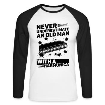 Ne sous-estimez jamais un vieil homme avec un harmonica - T-shirt baseball manches longues Homme - blanc/noir - Devant - Nik (191cm)