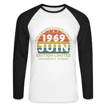 Anniversaire Millésime Fabriqué en Juin 1969 - T-shirt baseball manches longues Homme - blanc/noir - Devant - Nik (191cm)