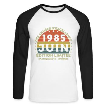Anniversaire Millésime Fabriqué en Juin 1985 - T-shirt baseball manches longues Homme - blanc/noir - Devant - Nik (191cm)