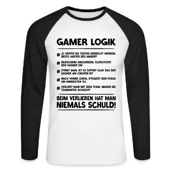 Gamer Logik | Gaming & Zocken - Unisex Baseballshirt langarm - Weiß/Schwarz - Vorne - Nik (191cm)