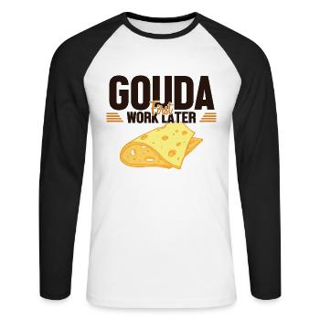 Gouda d’abord travail plus tard fromager Queso - T-shirt baseball manches longues Homme - blanc/noir - Devant - Nik (191cm)