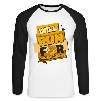 Courir pour le fromage Gouda Queso Cheesemonger - T-shirt baseball manches longues Homme - blanc/noir - Devant - Nik (191cm)