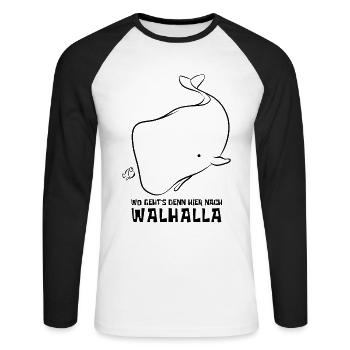Wo geht's denn hier nach Walhalla - Wal - Spruch - Unisex Baseballshirt langarm - Weiß/Schwarz - Vorne - Nik (191cm)