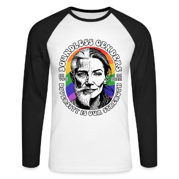 LGBTQIA+ Pride T-Shirt: Unity in Diversity - Unisex Long Sleeve Baseball T-Shirt - white/black - Front - Nik (191cm)