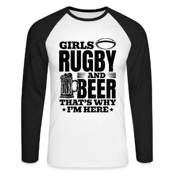 Girls Rugby et bière, c’est pour ça que je suis là - Rugby - T-shirt baseball manches longues Homme - blanc/noir - Devant - Nik (191cm)