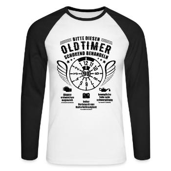Oldtimer schonend behandeln - 90. Geburtstag - Unisex Baseballshirt langarm - Weiß/Schwarz - Vorne - Nik (191cm)