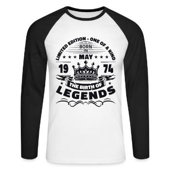 Anniversaire 1974 Mai 1974 Millésime 1974 Légende 74 - T-shirt baseball manches longues Homme - blanc/noir - Devant - Nik (191cm)