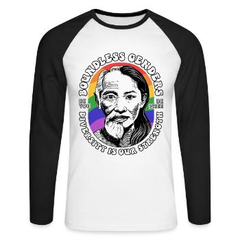 Fiers de la diversité : notre chemise LGBTQIA+ - T-shirt baseball manches longues Homme - blanc/noir - Devant - Nik (191cm)