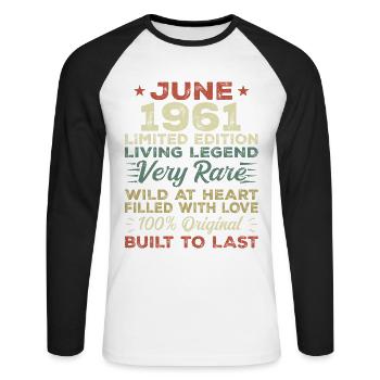 Juin 1961 Anniversaire Juin 1961 Cadeau Juin 1961 - T-shirt baseball manches longues Homme - blanc/noir - Devant - Nik (191cm)
