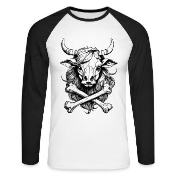 Bio-Bauern-Shirt: Kuhkopf- und Knochen-Comic - Unisex Baseballshirt langarm - Weiß/Schwarz - Vorne - Nik (191cm)