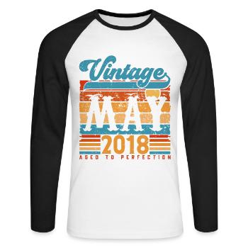 May 2018, Vintage Birthday Gift May 2018. - Unisex Long Sleeve Baseball T-Shirt - white/black - Front - Nik (191cm)