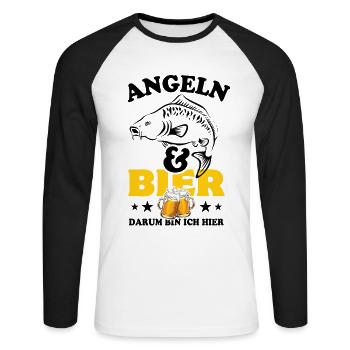 Angeln und Bier darum bin ich hier - Unisex Baseballshirt langarm - Weiß/Schwarz - Vorne - Nik (191cm)