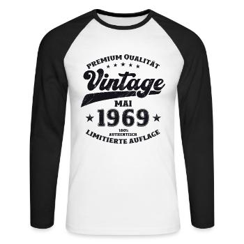 Millésime Mai 1969 Cru 1969 Anniversaire 1969 - T-shirt baseball manches longues Homme - blanc/noir - Devant - Nik (191cm)