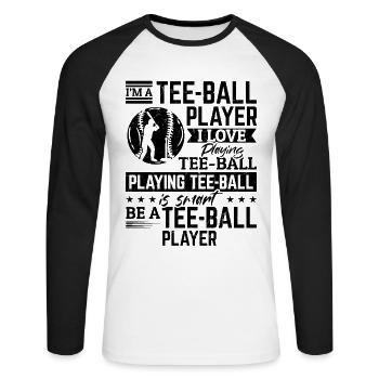 Je suis un joueur de tee-ball. J’adore jouer au tee-ball - T-shirt baseball manches longues Homme - blanc/noir - Devant - Nik (191cm)