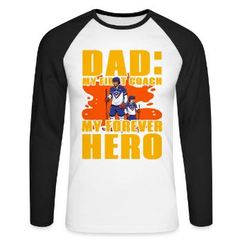 Papa, mein erster Trainer, mein ewiger Held - Unisex Baseballshirt langarm - Weiß/Schwarz - Vorne - Nik (191cm)