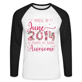 Juni 2014 Geschenk zum 10-jährigen Jubiläum für Mädchen - Unisex Baseballshirt langarm - Weiß/Schwarz - Vorne - Nik (191cm)