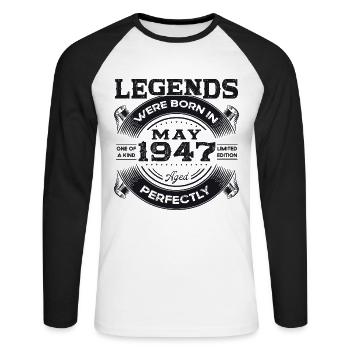 Légende Mai 1947 Né en 1947 Anniversaire 1947 - T-shirt baseball manches longues Homme - blanc/noir - Devant - Nik (191cm)