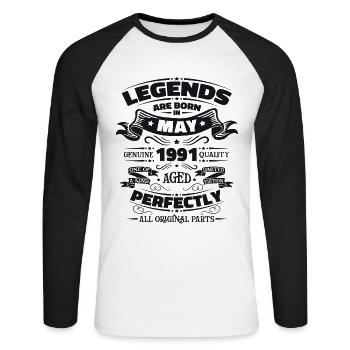 Legende Mai 1991 Jahrgang 1991 Geburtstag 1991 - Unisex Baseballshirt langarm - Weiß/Schwarz - Vorne - Nik (191cm)
