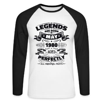 Légende Mai 1980 Millésime 1980 Anniversaire 1980 - T-shirt baseball manches longues Homme - blanc/noir - Devant - Nik (191cm)