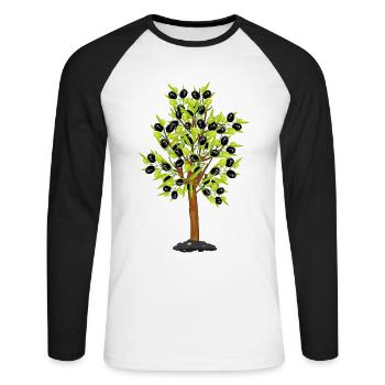 Ein Olivenbaum die grünen und schwarzen Oliven - Unisex Baseballshirt langarm - Weiß/Schwarz - Vorne - Nik (191cm)