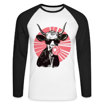 Vache avec des lunettes et du chewing-gum rose - T-shirt baseball manches longues Homme - blanc/noir - Devant - Nik (191cm)