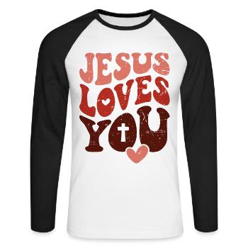 Jésus t’aime t’aime Verset biblique chrétien - T-shirt baseball manches longues Homme - blanc/noir - Devant - Nik (191cm)