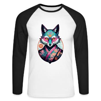 Japanische Kitsune Maske Anime Kawaii Fuchsgeist - Unisex Baseballshirt langarm - Weiß/Schwarz - Vorne - Nik (191cm)