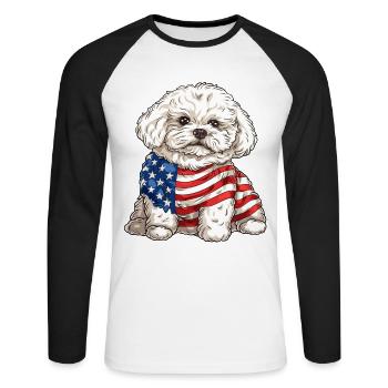 Bichon frisé chien 4 juillet Drapeau américain Cadeaux - T-shirt baseball manches longues Homme - blanc/noir - Devant - Nik (191cm)