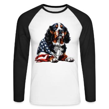 Bouvier bernois 4 juillet Drapeau américain - T-shirt baseball manches longues Homme - blanc/noir - Devant - Nik (191cm)