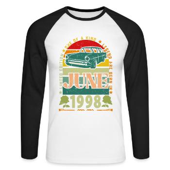 Geburtstagsgeschenk im Juni 1998. Juni 1998 Juni 1998 - Unisex Baseballshirt langarm - Weiß/Schwarz - Vorne - Nik (191cm)