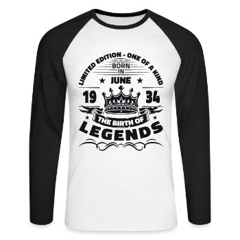 Legend June 1934 Vintage 1934 Birthday 1934 - Unisex Long Sleeve Baseball T-Shirt - white/black - Front - Nik (191cm)