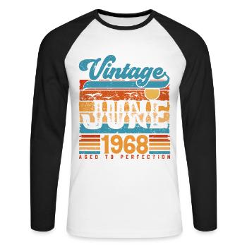 Juni 1968, Vintage-Geburtstagsgeschenk Juni 1968. - Unisex Baseballshirt langarm - Weiß/Schwarz - Vorne - Nik (191cm)
