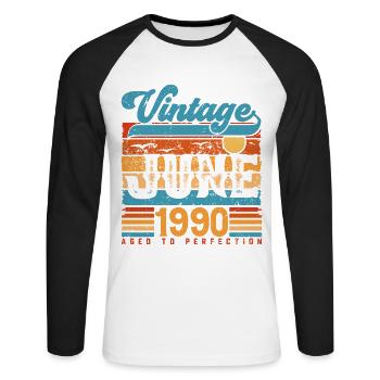 Juin 1990, Cadeau Anniversaire Vintage juin 1990. - T-shirt baseball manches longues Homme - blanc/noir - Devant - Nik (191cm)
