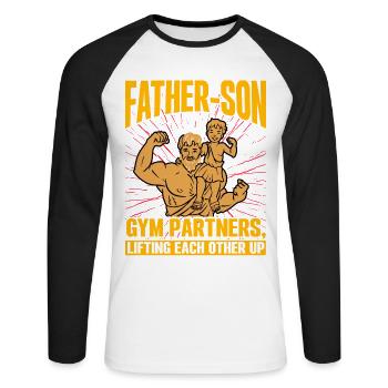 Father Son Gym Partners lifting each other up - Unisex Long Sleeve Baseball T-Shirt - white/black - Front - Nik (191cm)