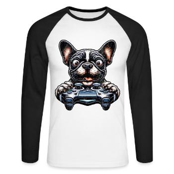 Dog gamers, Honden game freak French Bulldog - Unisex Long Sleeve Baseball T-Shirt - white/black - Front - Nik (191cm)