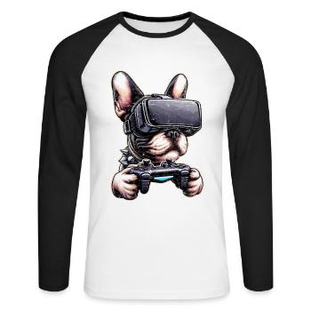Hunde, Französische Bulldogge Videospiel VR-Brille - Unisex Baseballshirt langarm - Weiß/Schwarz - Vorne - Nik (191cm)