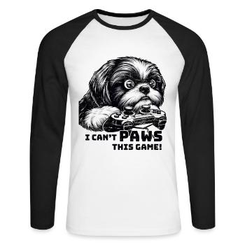 Amateur de ShihTzu, maniaque des jeux vidéo, joueurs - T-shirt baseball manches longues Homme - blanc/noir - Devant - Nik (191cm)