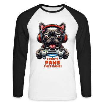 Französische Bulldogge Gamer mit Gamecontroller - Unisex Baseballshirt langarm - Weiß/Schwarz - Vorne - Nik (191cm)