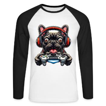 Französische Bulldogge Gamer mit Gamecontroller - Unisex Baseballshirt langarm - Weiß/Schwarz - Vorne - Nik (191cm)