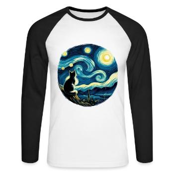 Painting Starry Night Cat Night Moon Stars Art - Unisex Long Sleeve Baseball T-Shirt - white/black - Front - Nik (191cm)