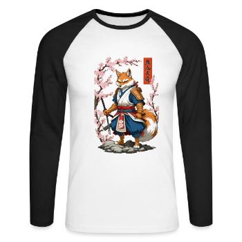 Kitsune Samurai Fox Vintage Ukiyo-e Style - T-shirt baseball manches longues Homme - blanc/noir - Devant - Nik (191cm)