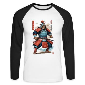 Vintage Ukiyo-E Style Japanese Samurai Artwork - Unisex Long Sleeve Baseball T-Shirt - white/black - Front - Nik (191cm)